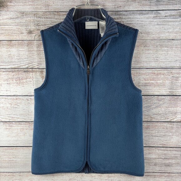 Liz Claiborne Fleece Ribbed Vest Full Zip Mock Neck Cotton Blend Blue Medium - Picture 1 of 11
